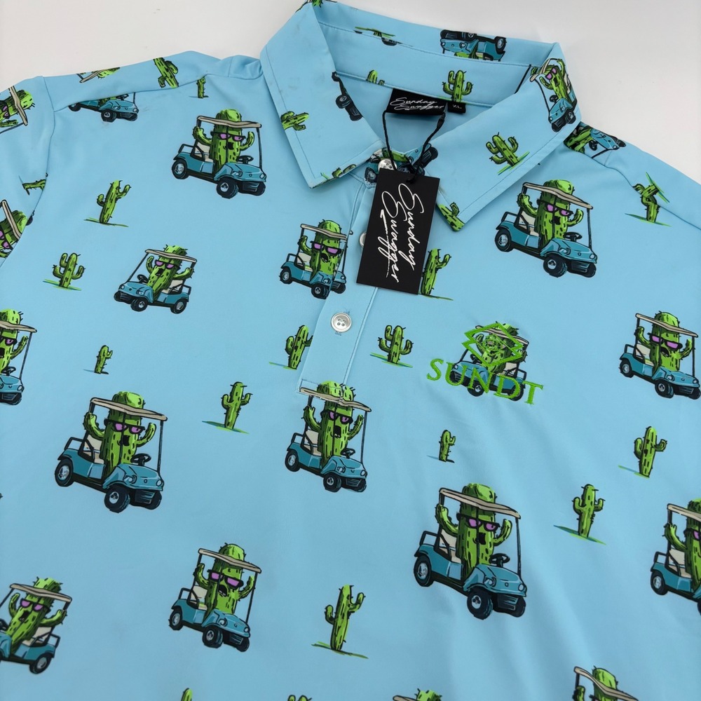 Sunday Swagger Polo Shirt Mens XL Blue NWT Cactus Golf Cart Print SUNDT Novelty